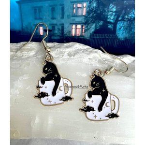 Black Magic Cat in Cup Earrings ~  Unique Earrings ~ Halloween Earrings ~  Box